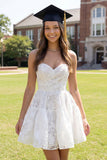 Sweetheart Corset A Line Floral Lace Ruched White Short Graduation Dress