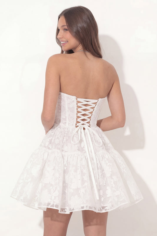 Sweetheart Corset A Line Floral Lace Ruched White Short Graduation Dress