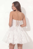 Sweetheart Corset A Line Floral Lace Ruched White Short Graduation Dress
