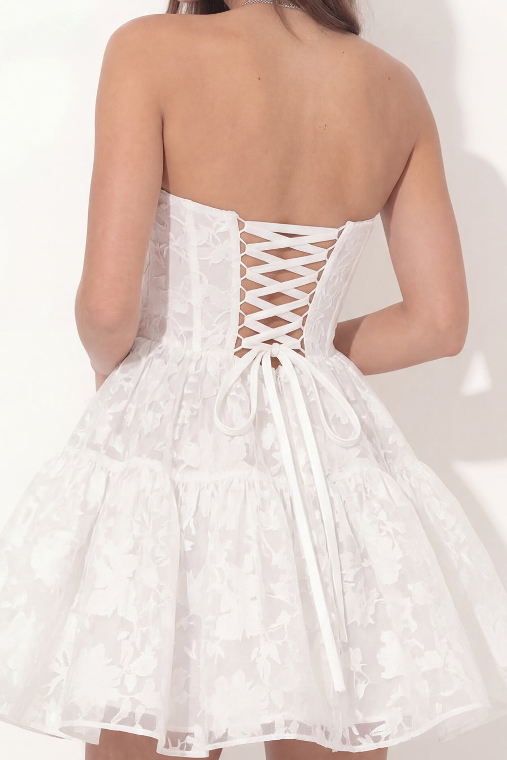 Sweetheart Corset A Line Floral Lace Ruched White Short Graduation Dress