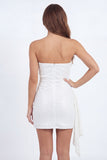 Strapless Sparkly White Tight Short Sequin Ruched Bachelorette Dress with Sash