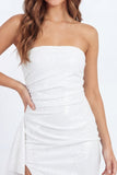 Strapless Sparkly White Tight Short Sequin Ruched Bachelorette Dress with Sash