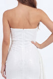 Strapless Sparkly White Tight Short Sequin Ruched Bachelorette Dress with Sash