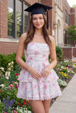 White Pink Flower Short A Line Strapless Graduation Dress with Ruffles