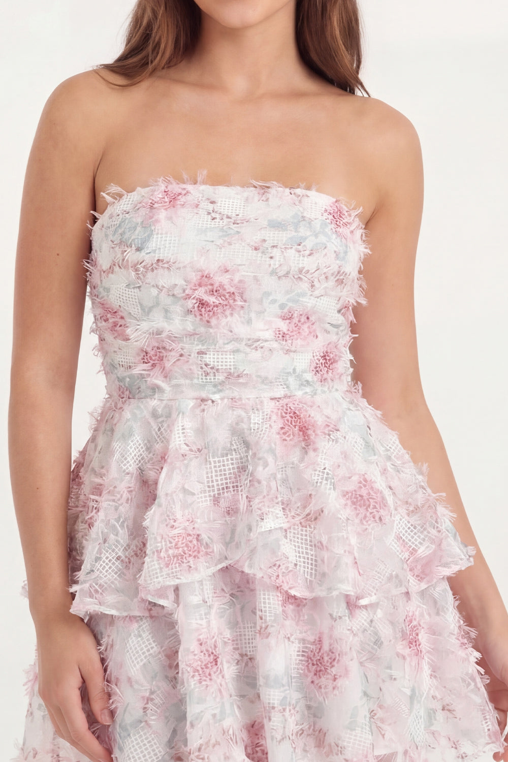 White Pink Flower Short A Line Strapless Graduation Dress with Ruffles