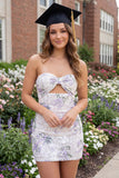White Purple Flower Tight Short Keyhole Lace Strapless Graduation Dress