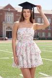 Short A Line Strapless White Pink Flower Lace Graduation Dress with Ruffles