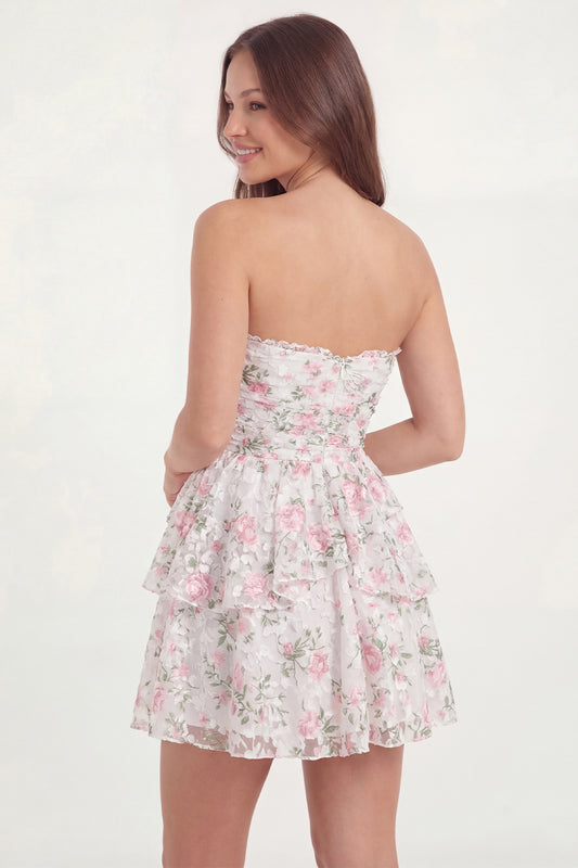Short A Line Strapless White Pink Flower Lace Graduation Dress with Ruffles