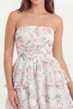 Short A Line Strapless White Pink Flower Lace Graduation Dress with Ruffles
