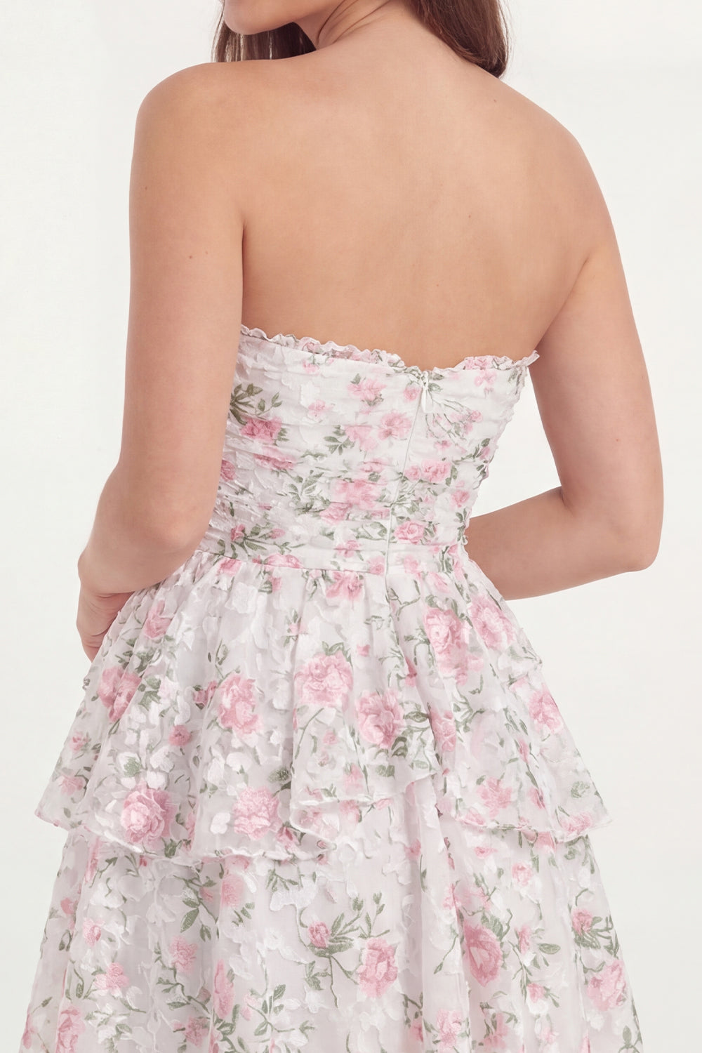 Short A Line Strapless White Pink Flower Lace Graduation Dress with Ruffles