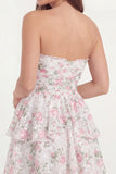 Short A Line Strapless White Pink Flower Lace Graduation Dress with Ruffles
