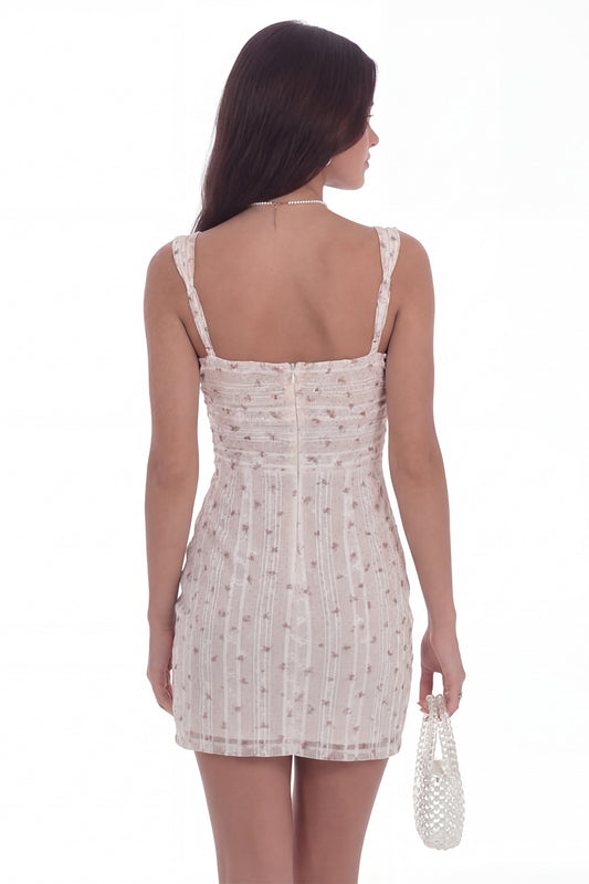 White Polka Dots Square Neck Tight Short Floral Graduation Dress with Slit