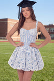 White Blue Thick Straps Corset A Line Floral Short Graduation Dress