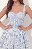White Blue Thick Straps Corset A Line Floral Short Graduation Dress