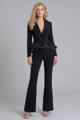 2 Piece Notched Lapel Double Breasted Wide Leg Black Prom Suits with Ruffles