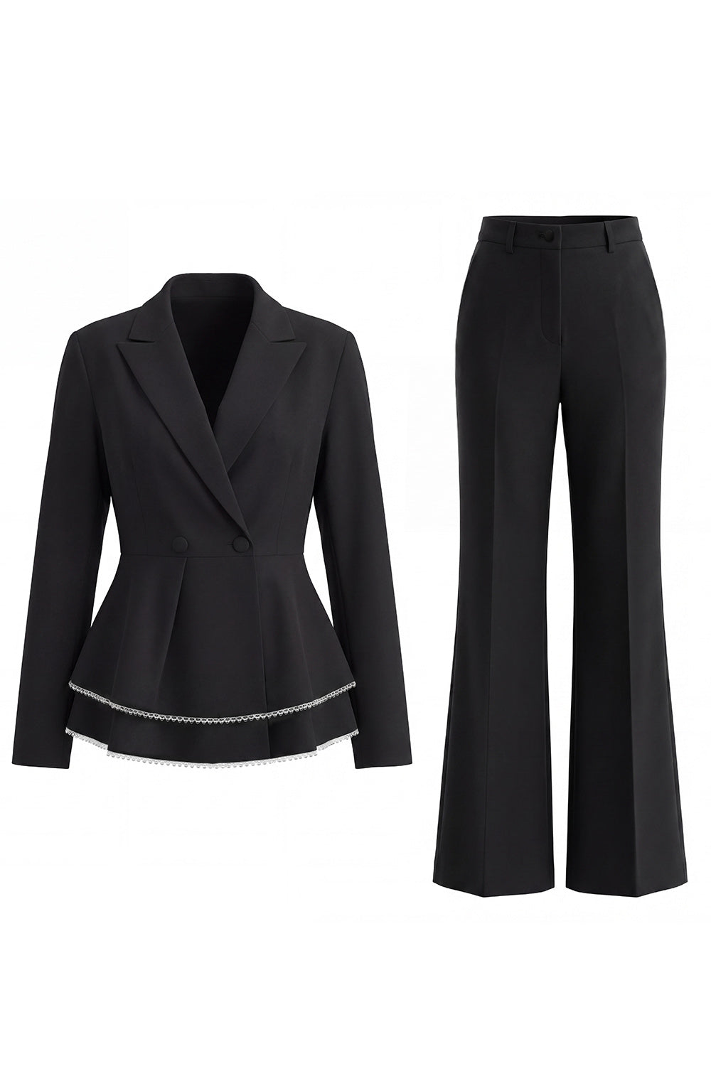 2 Piece Notched Lapel Double Breasted Wide Leg Black Prom Suits with Ruffles