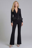 2 Piece Notched Lapel Double Breasted Wide Leg Black Prom Suits with Ruffles