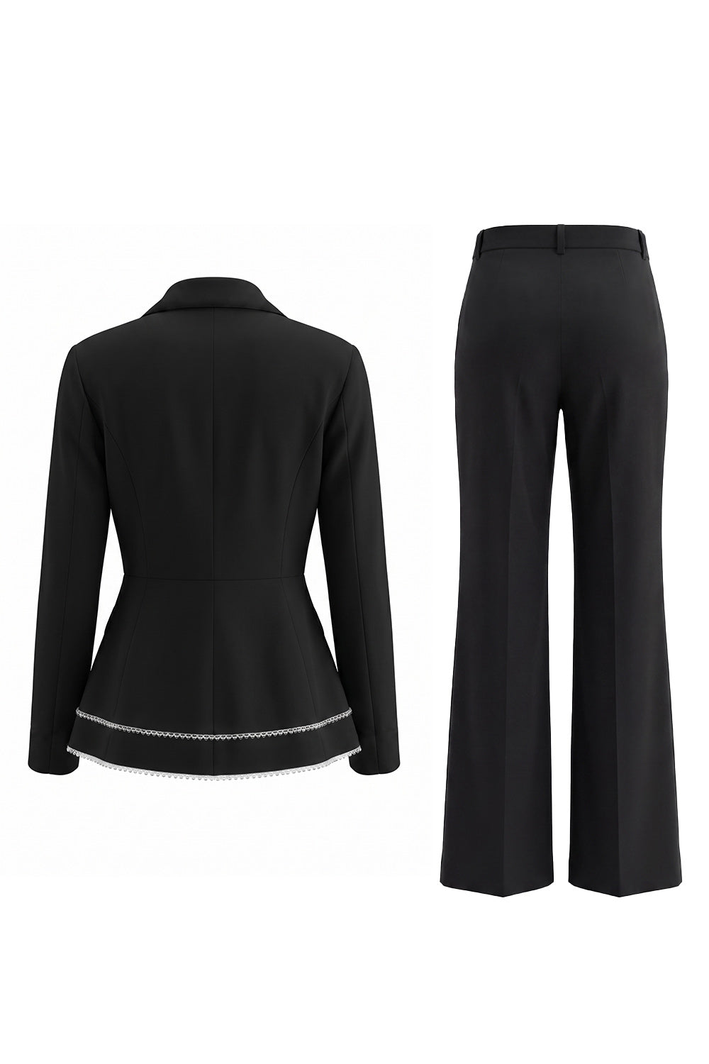 2 Piece Notched Lapel Double Breasted Wide Leg Black Prom Suits with Ruffles