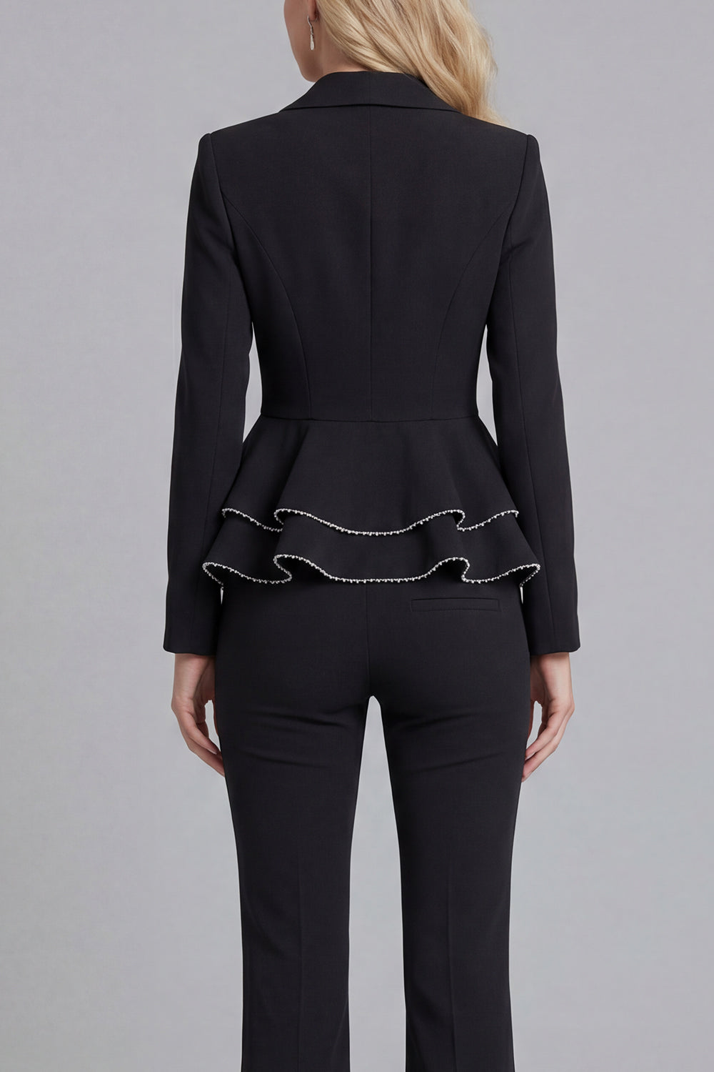 2 Piece Notched Lapel Double Breasted Wide Leg Black Prom Suits with Ruffles