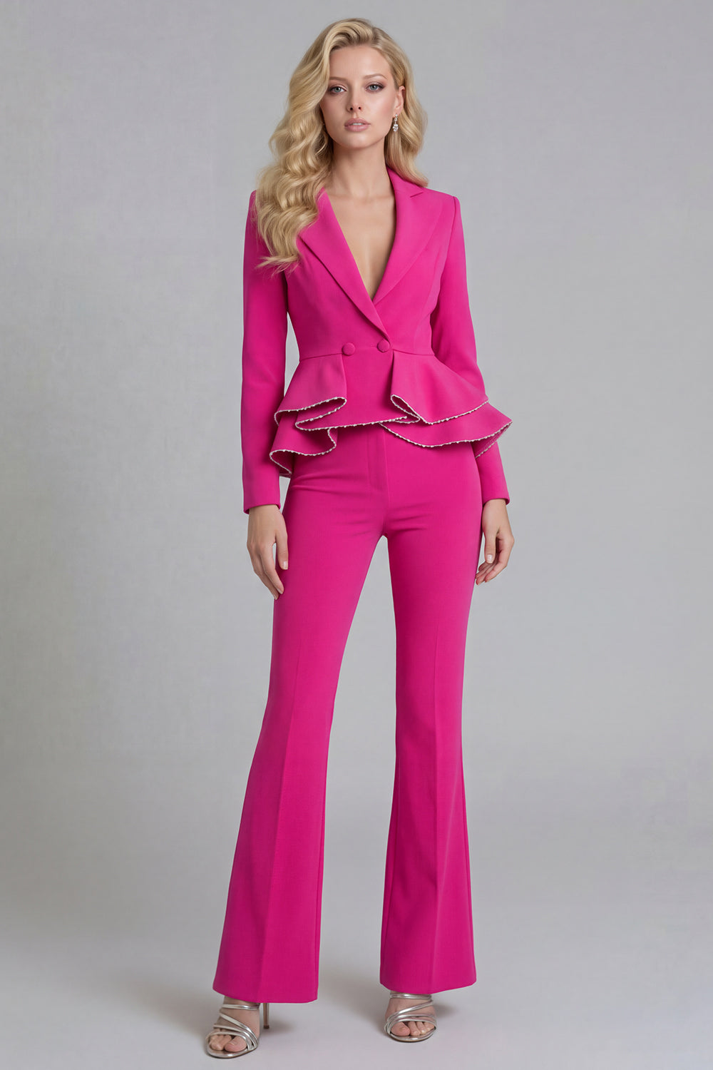 2 Piece Notched Lapel Double Breasted Wide Leg Black Prom Suits with Ruffles