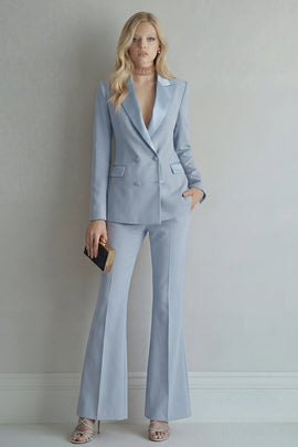 Peak Lapel Blue Double Breasted 2 Piece Wide Leg Prom Suits