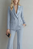 Peak Lapel Blue Double Breasted 2 Piece Wide Leg Prom Suits