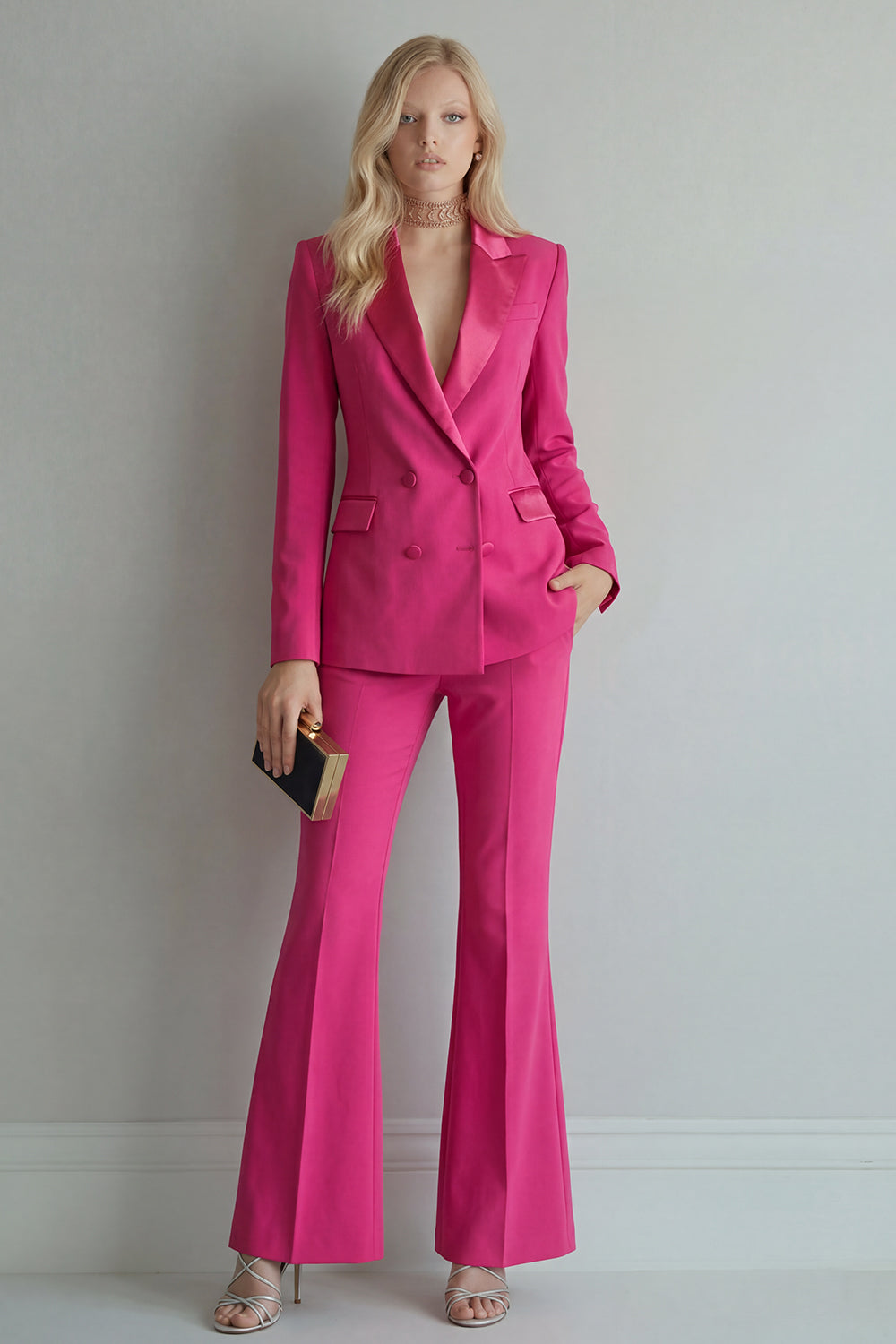 Peak Lapel Blue Double Breasted 2 Piece Wide Leg Prom Suits