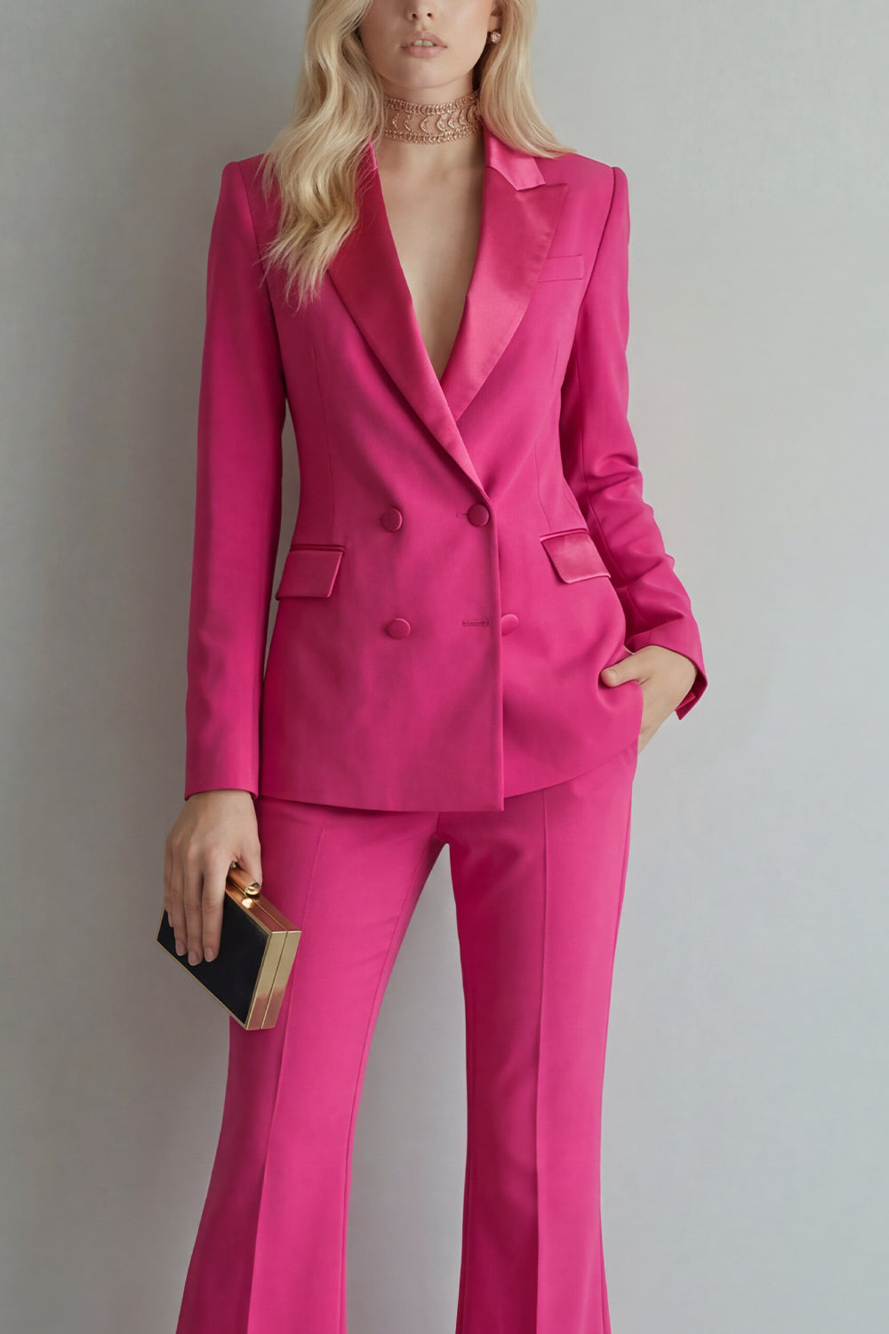 Peak Lapel Blue Double Breasted 2 Piece Wide Leg Prom Suits