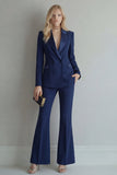Peak Lapel Blue Double Breasted 2 Piece Wide Leg Prom Suits