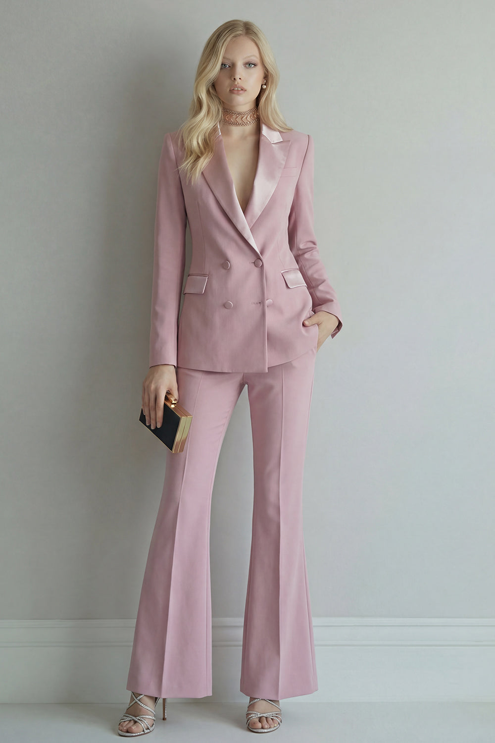 Peak Lapel Blue Double Breasted 2 Piece Wide Leg Prom Suits