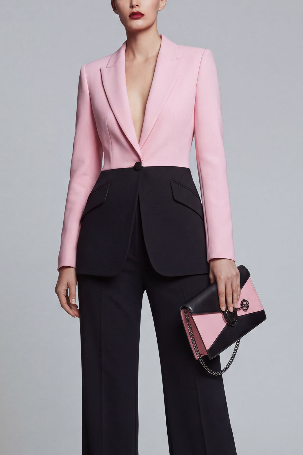 Peak Lapel Black Pink Single Breasted 2 Piece Wide Leg Patchwork Prom Suits