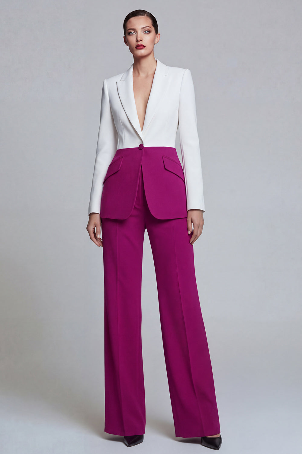 Peak Lapel Black Pink Single Breasted 2 Piece Wide Leg Patchwork Prom Suits