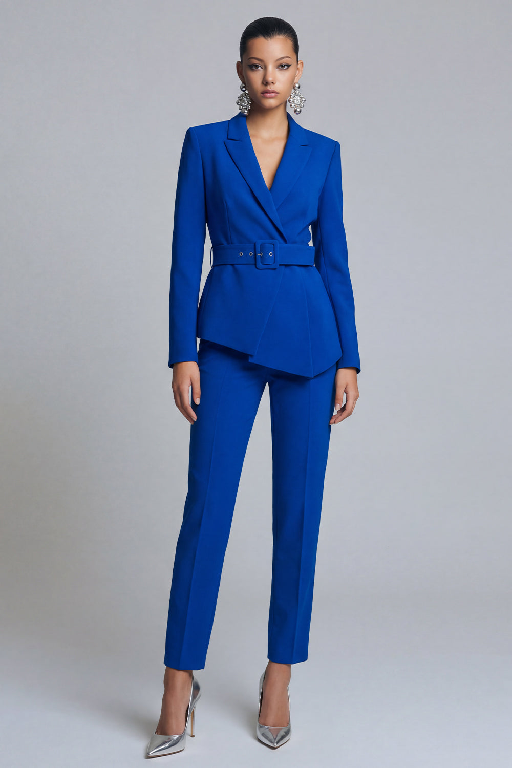 Royal Blue Peak Lapel 2 Piece Slim Fit Prom Suits with Belt