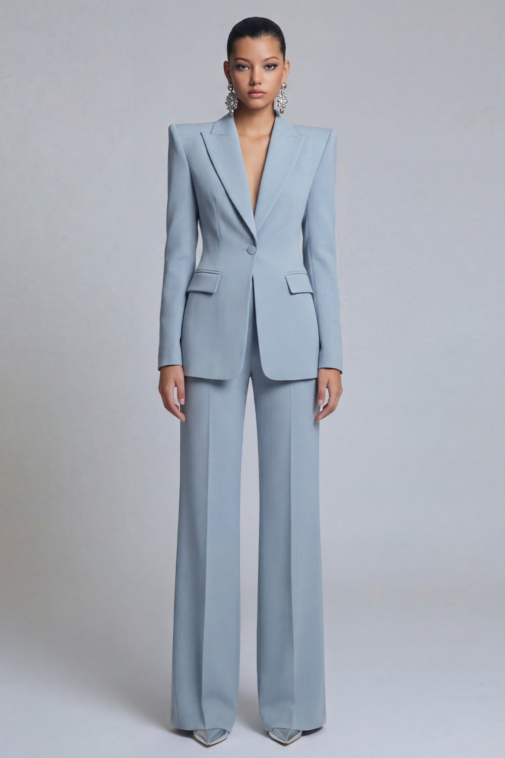 Peak Lapel 2 Piece Single Breasted Wide Leg Grey Blue Prom Suits