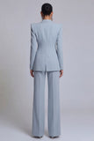 Peak Lapel 2 Piece Single Breasted Wide Leg Grey Blue Prom Suits