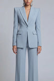 Peak Lapel 2 Piece Single Breasted Wide Leg Grey Blue Prom Suits