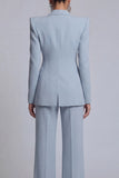 Peak Lapel 2 Piece Single Breasted Wide Leg Grey Blue Prom Suits