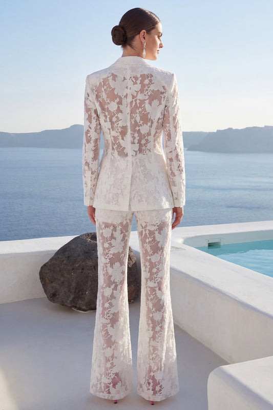 Single Breasted Floral 2 Piece Peak Lapel White Wide Leg Lace Prom Suits