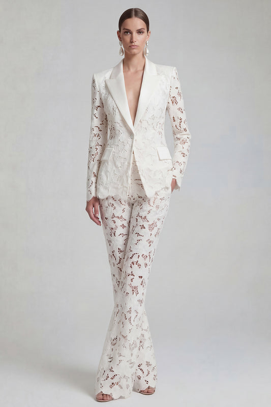 Floral 2 Piece Single Breasted Peak Lapel White Wide Leg Lace Prom Suits