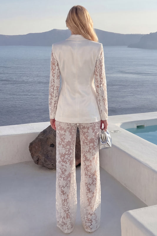 Floral 2 Piece Peak Lapel White Wide Leg Lace Prom Suits