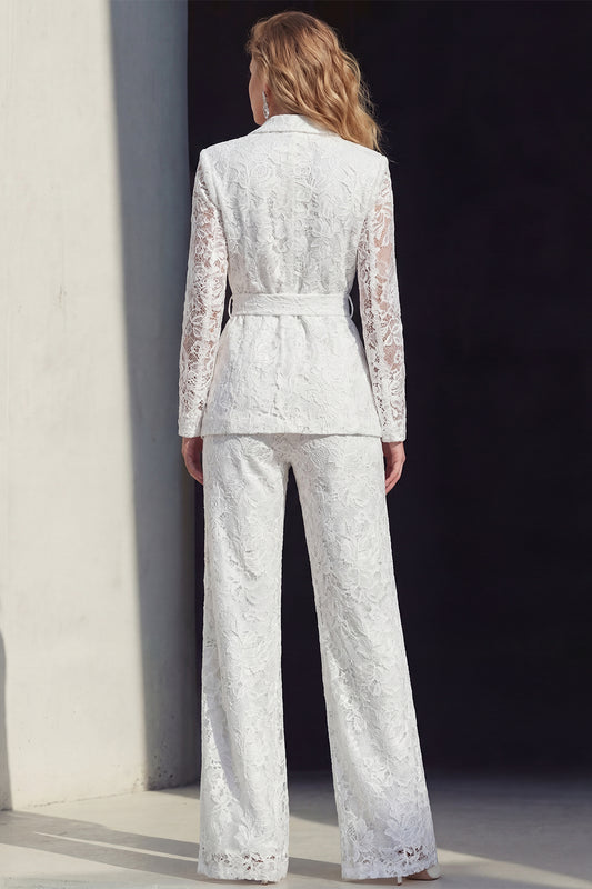 White Floral 2 Piece Notched Lapel Wide Leg Lace Prom Suits with Belt