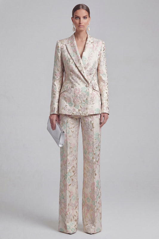 Floral 2 Piece Peak Lapel Double Breasted Slim Fit Champagne Pink Prom Suits