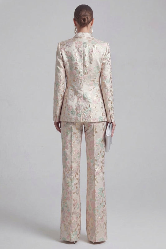 Floral 2 Piece Peak Lapel Double Breasted Slim Fit Champagne Pink Prom Suits