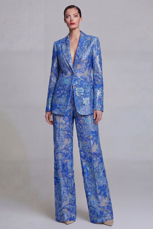 Single Breasted Dark Blue Floral 2 Piece Notched Lapel Wide Leg Lace Prom Suits