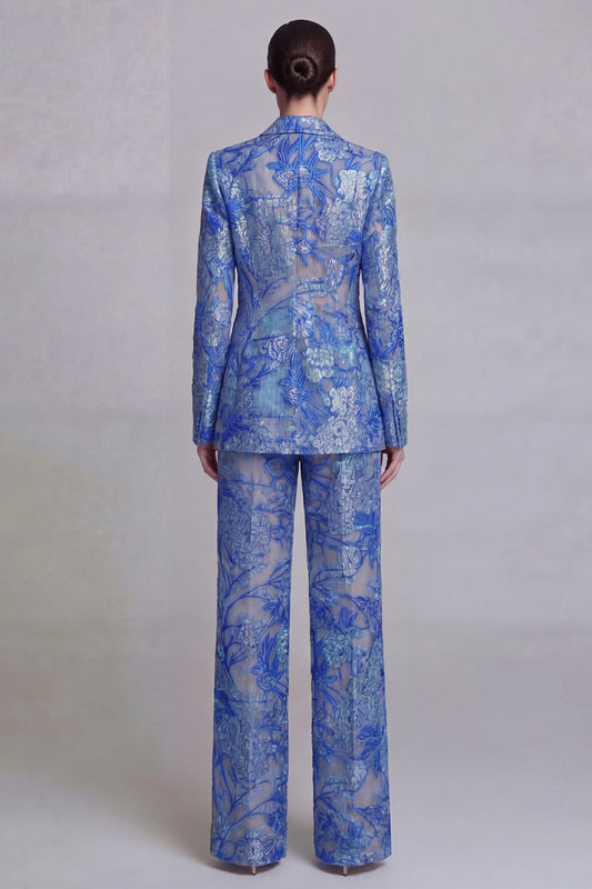 Single Breasted Dark Blue Floral 2 Piece Notched Lapel Wide Leg Lace Prom Suits