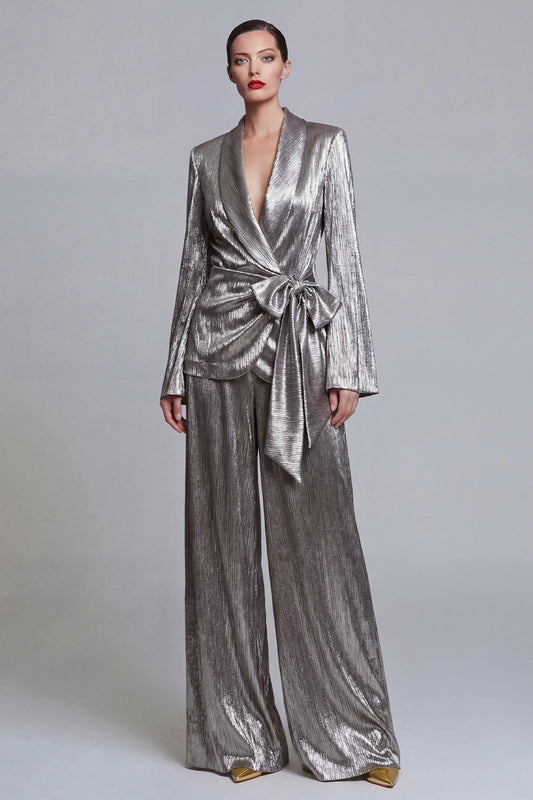 2 Piece Shawl Lapel Grey Wide Leg Prom Suits with Bow