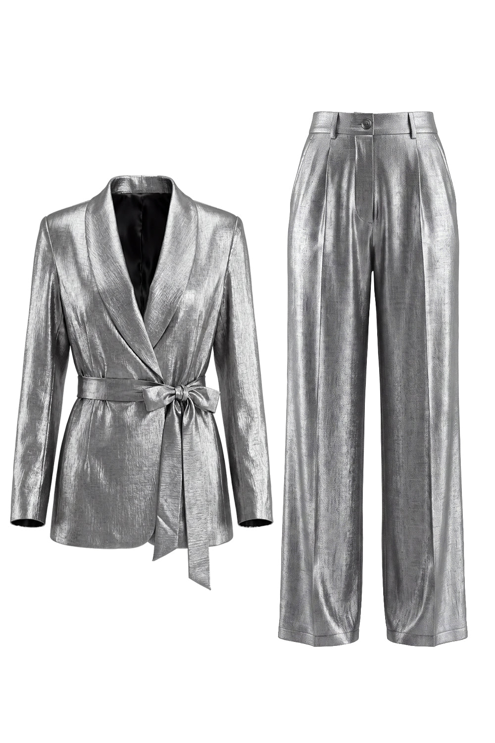 2 Piece Shawl Lapel Grey Wide Leg Prom Suits with Bow