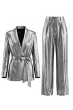 2 Piece Shawl Lapel Grey Wide Leg Prom Suits with Bow