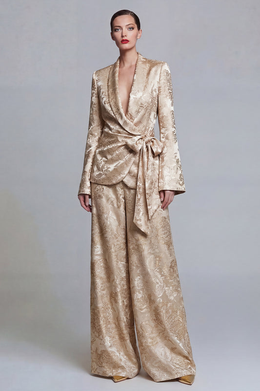 Shawl Lapel Floral Champagne Wide Leg 2 Piece Prom Suits with Bow