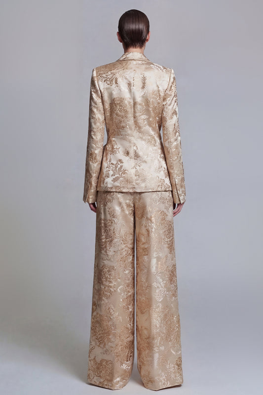 Shawl Lapel Floral Champagne Wide Leg 2 Piece Prom Suits with Bow